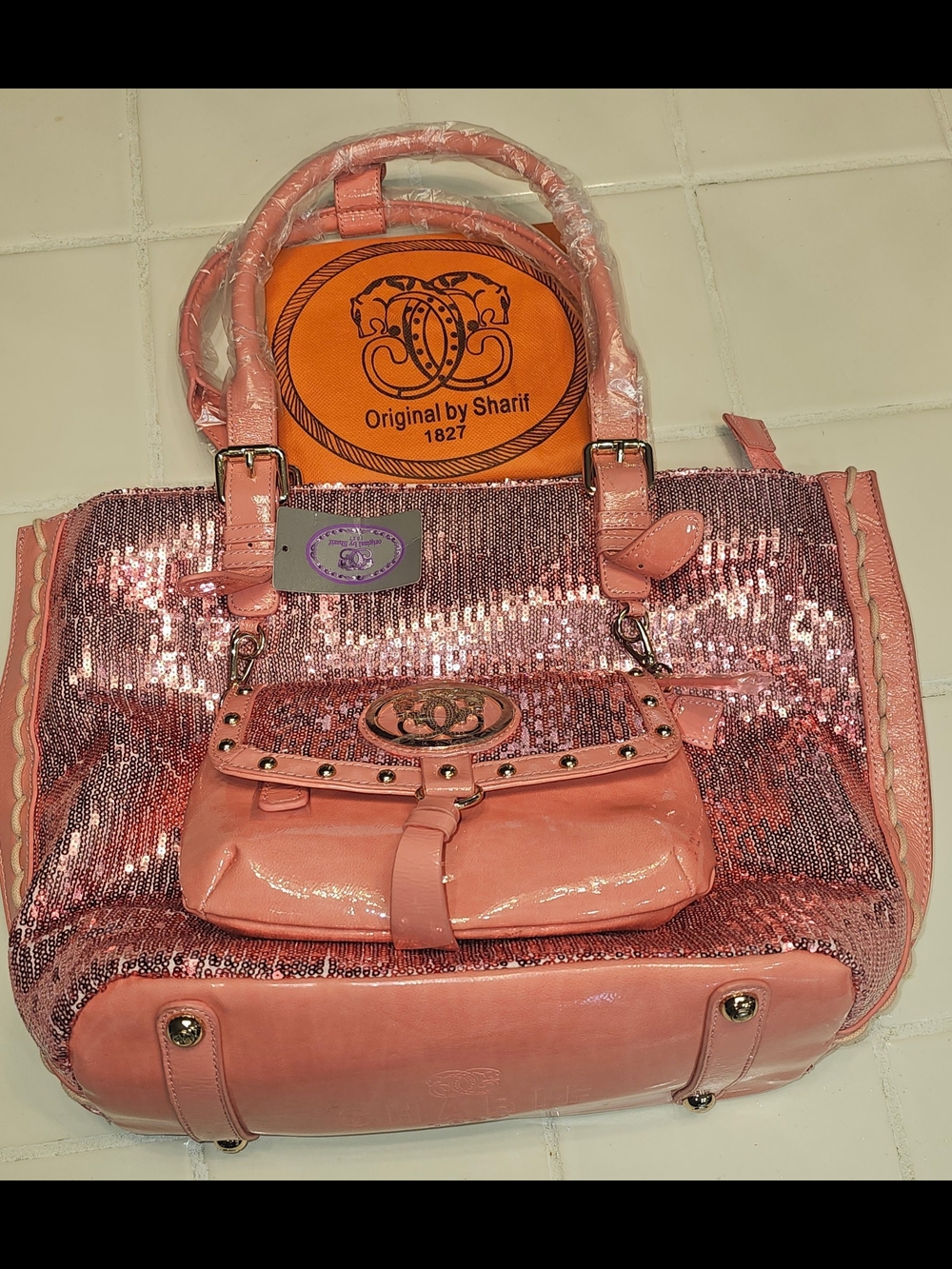 Sharif Pink Sequin Shoulder Bag with Patent Accents
